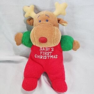 Vintage JC Penney Terrycloth Moose Baby's First Christmas Rattle Plush Toy 9"